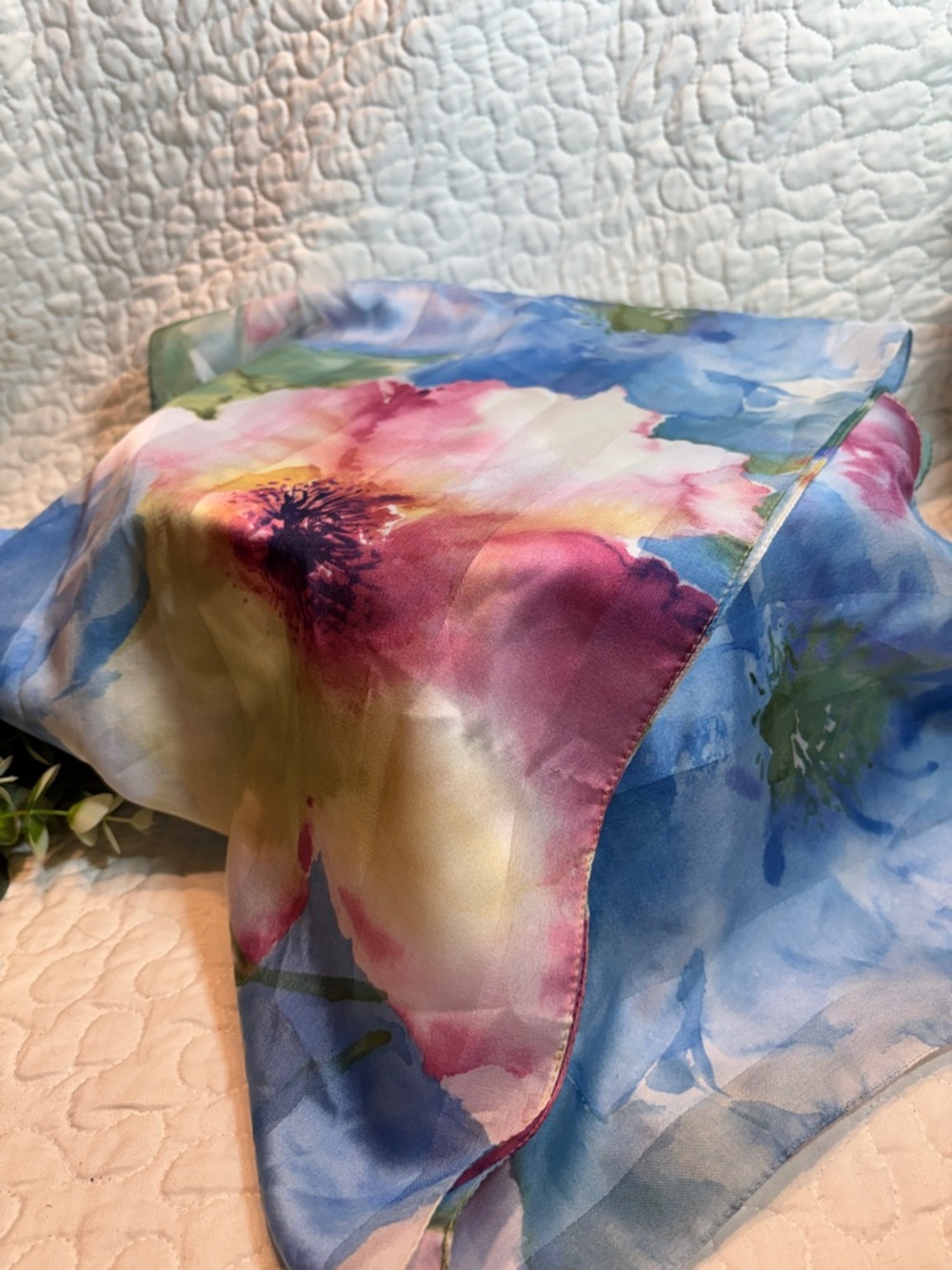 Floral Watercolor Silk Scarf in Blue, Pink & Green - Picture 4 of 4